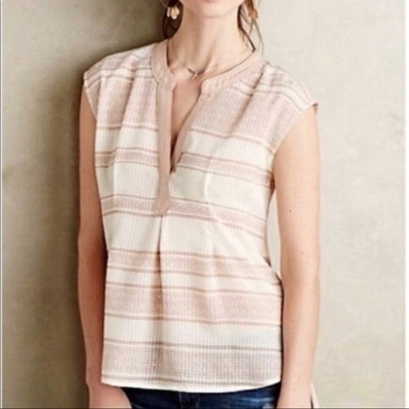Anthropologie Tops - Anthropologie Postmark Split Neck Hi-Low Tank Top Tan and Cream Stripe Size L